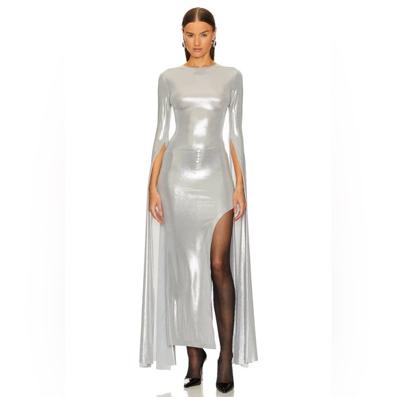 Open Back Ribbon Sleeve Wide Slit Gown in Silver - Picture 3 of 4
